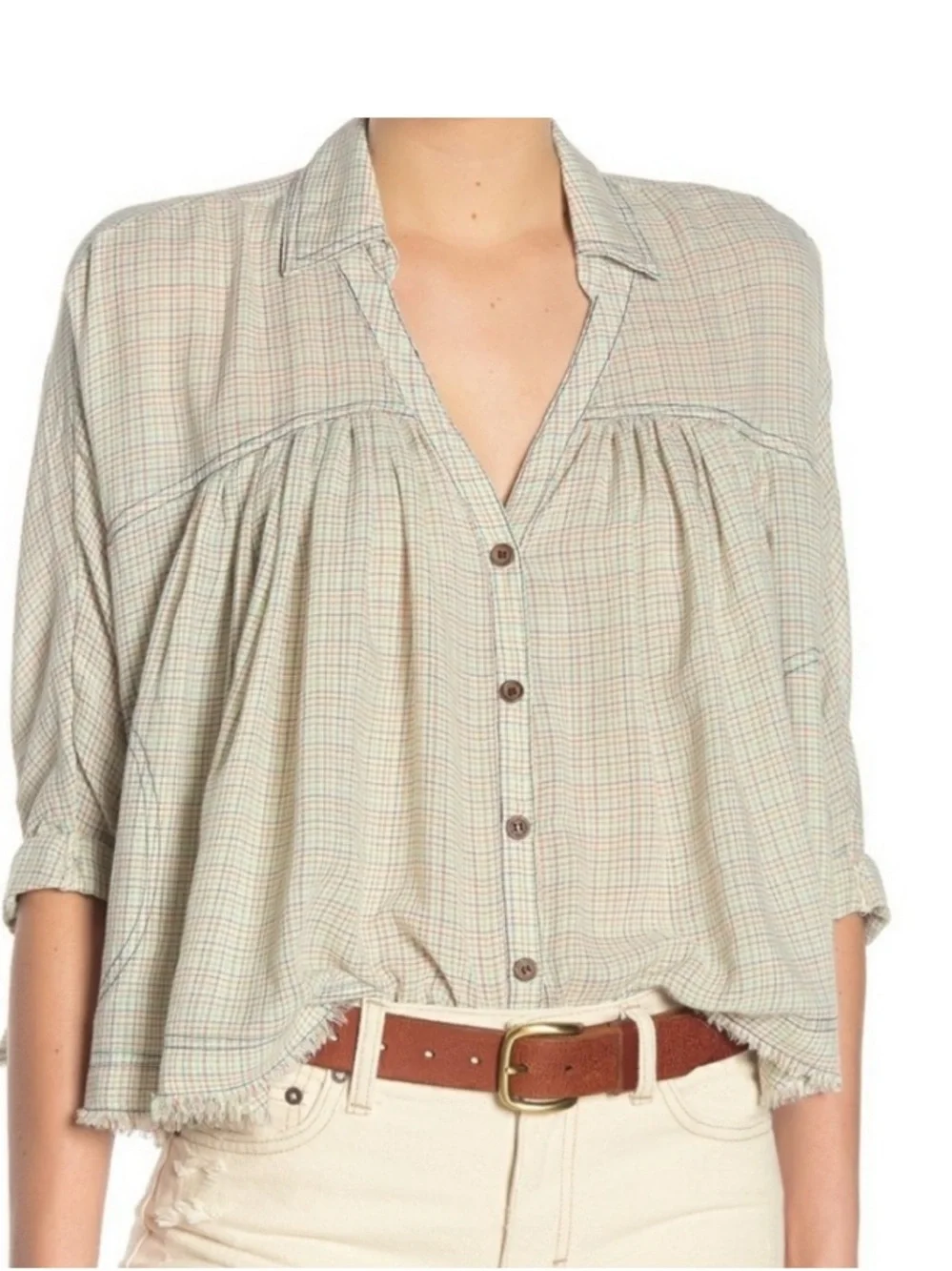 We The Free Rainbow Picnic Plaid Button-Front Blouse Small - Picture 1 of 6